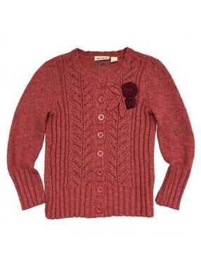 DKNY Coral Pink Cable Knit Buttoned Cardigan With Flower Embroidery Sz S